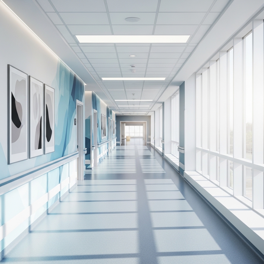 Hopeful, sunlit hospital corridor, clean and peaceful.